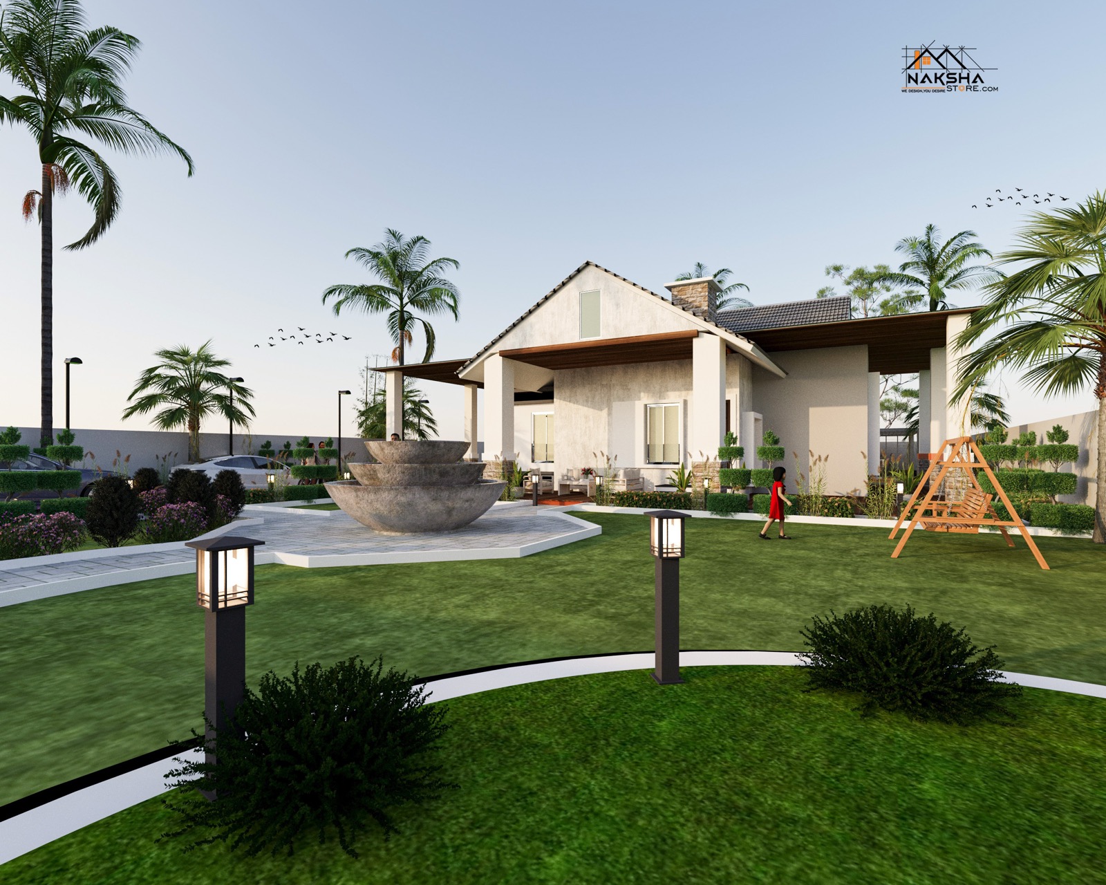 Landscaped farmhouse with fountain and garden